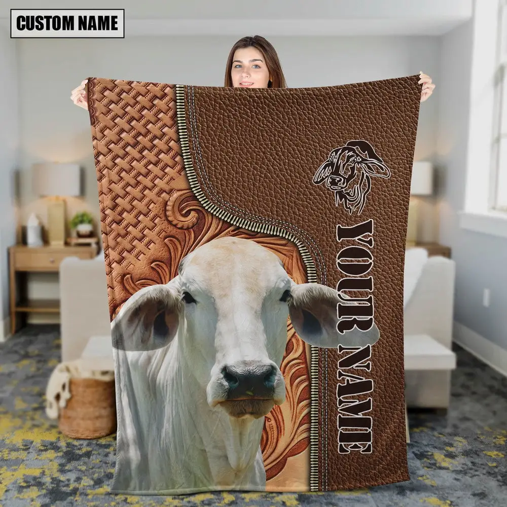 Custom Name Brahman Cattle Leather Carving Animal Blanket Presents For Farmers