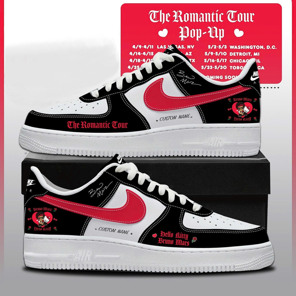 Custom Name Bruno Mars x Hello Kitty The Romantic Tour 2026 Black Air Force 1 Shoes Sneakers