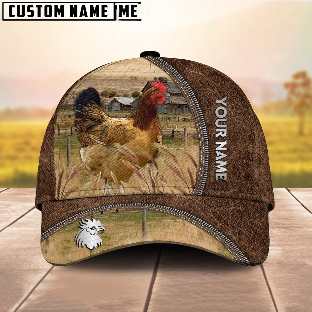 Custom Name Buckeye Chicken Brown Leather Pattern Cap Farm Cap Farmer Baseball Cap Gift For Farmer Custom Name Buckeye Chicken Brown Leather Pattern Cap Farm Cap Farmer Baseball Cap Gift For Farmer - Image 1