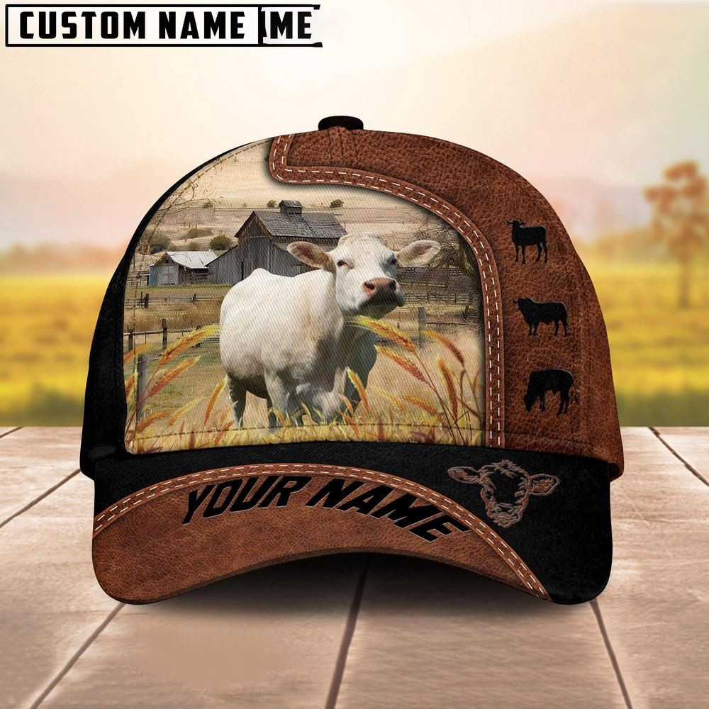 Custom Name Charolais Brown Black Leather Pattern Cap Farm Cap Farmer Baseball Cap Gift For Farmer Custom Name Charolais Brown Black Leather Pattern Cap Farm Cap Farmer Baseball Cap Gift For Farmer - Image 1