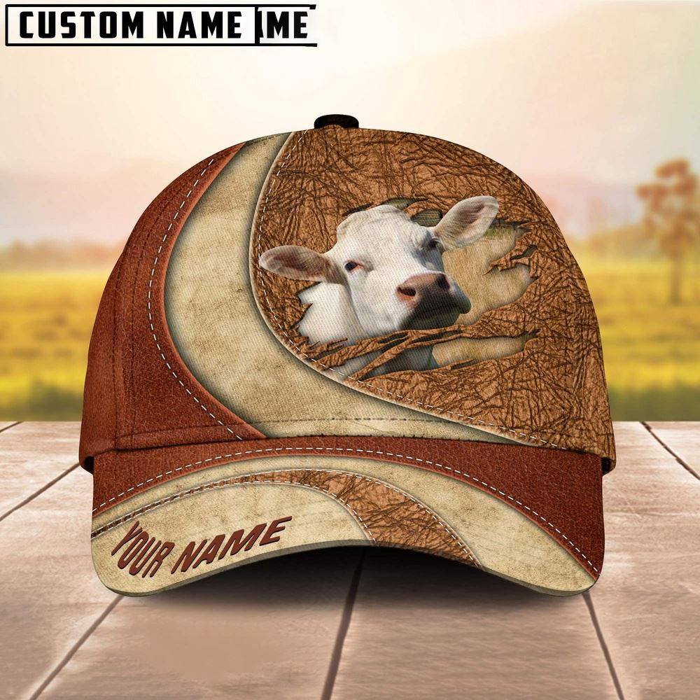 Custom Name Charolais Torn Leather Pattern Classic Cap Farm Cap Farmer Baseball Cap Gift For Farmer