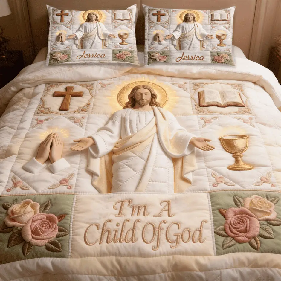 Custom Name Child of God Quilt Bedding Set White Duvet Covers Christian Themed Gift