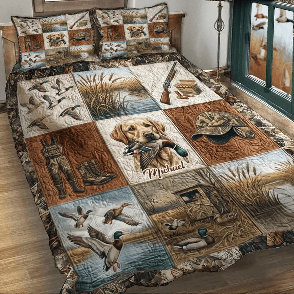 Custom Name Duck Hunting Quilt Bedding Set Birthday Gift for Son