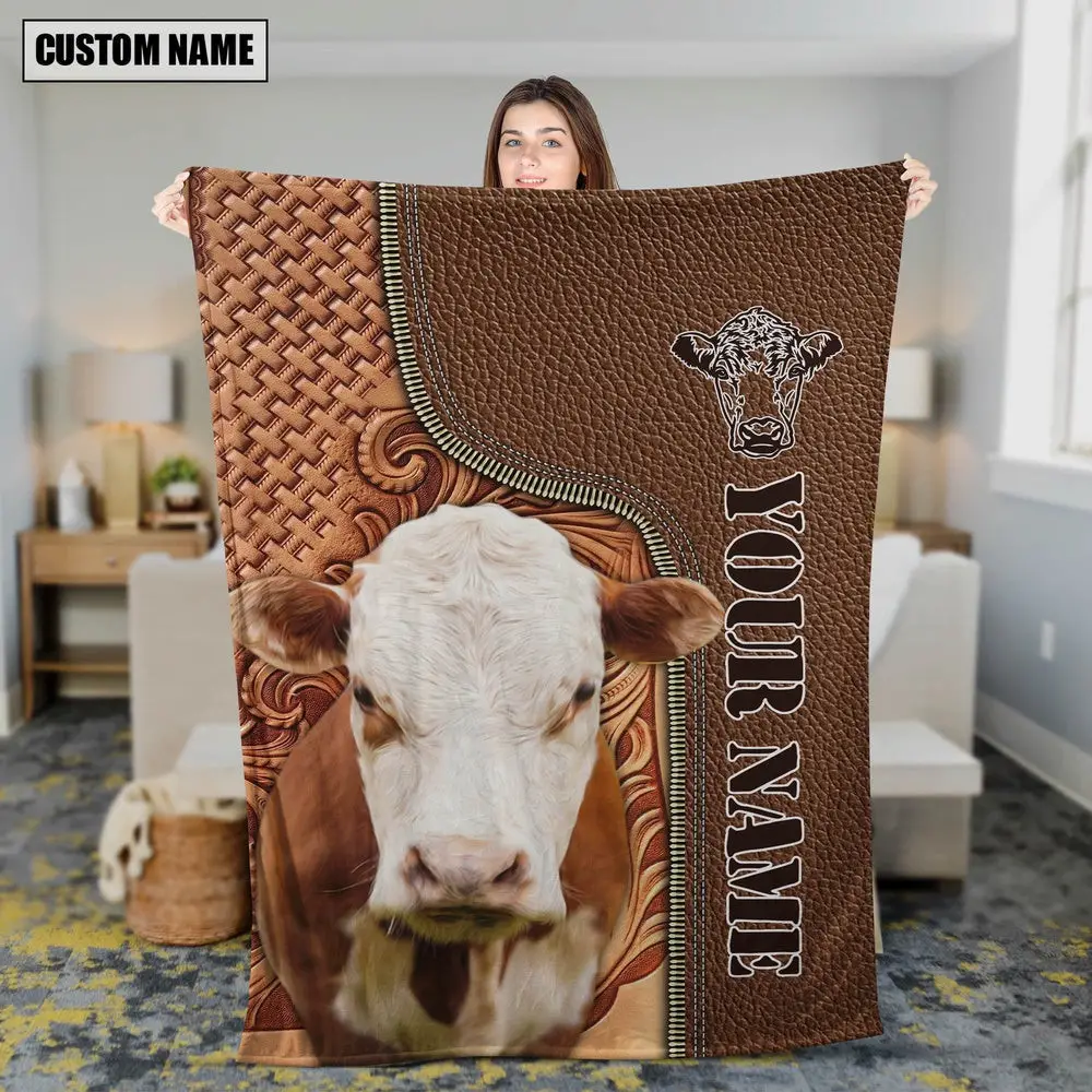 Custom Name Hereford Cattle Leather Carving Blanket Farm Animal Blanket Presents For Farmers Custom Name Hereford Cattle Leather Carving Blanket Farm Animal Blanket Presents For Farmers - Image 1