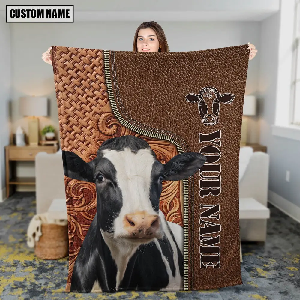 Custom Name Holstein Cattle Leather Carving Blanket Farm Animal Blanket Presents For Farmers