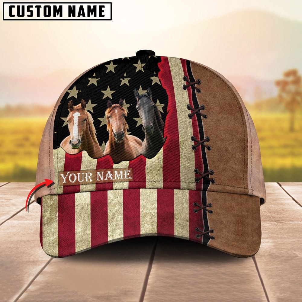 Custom Name Horse American Flag And Leather Pattern Classic Cap Farmer Baseball Cap Gift For Farmer