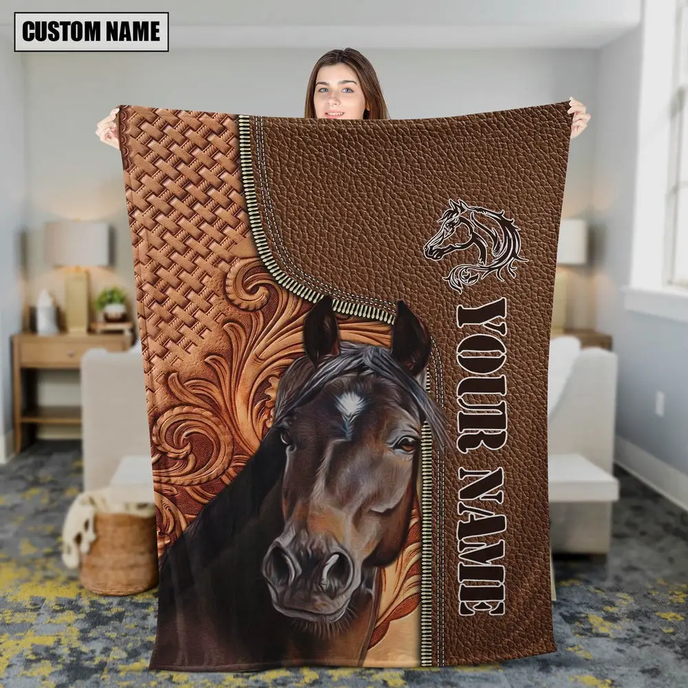 Custom Name Horse Leather Carving Blanket Farm Animal Blanket Presents For Farmers