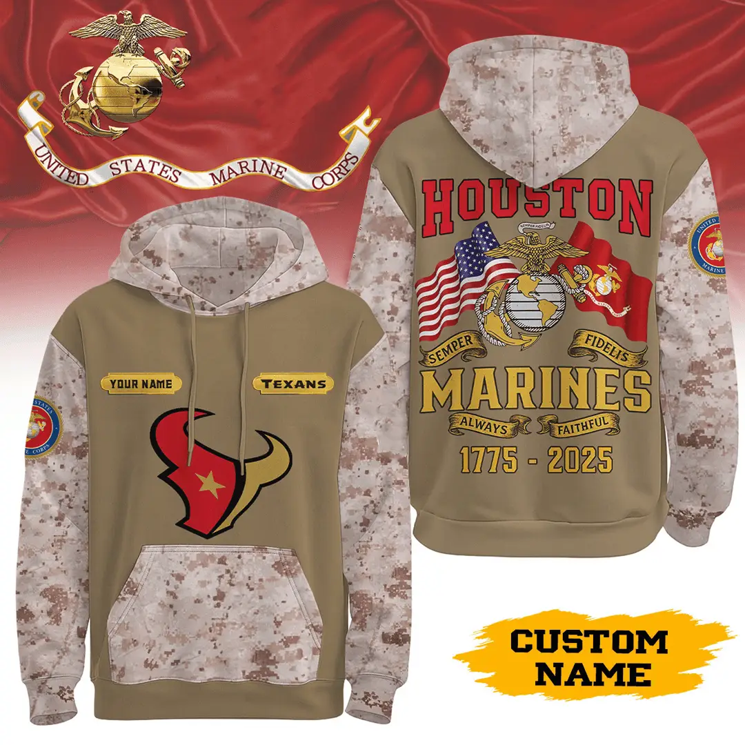 Custom Name Houston Texans Hoodie United States Marine Corps 3D Hoodie Gift for Dad