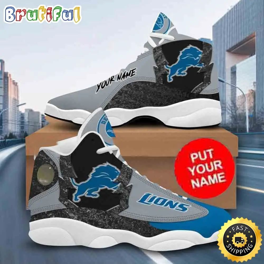 Custom Name NFL Detroit Lions Silver Blue Air Jordan 13 Shoes Printed Logo JD 13