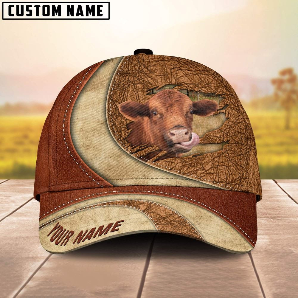 Custom Name Red Angus Torn Leather Pattern Classic Cap Farm Cap Farmer Baseball Cap Gift For Farmer