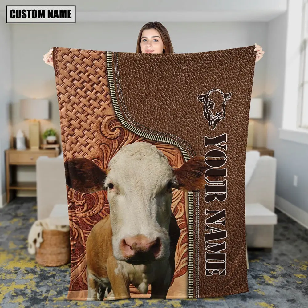 Custom Name Simmental Cattle Leather Carving Animal Blanket Presents For Farmers