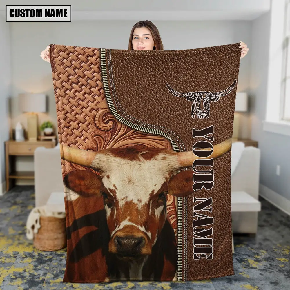 Custom Name Texas Longhorn Leather Carving Custom Name Blanket Gift For Whole Family