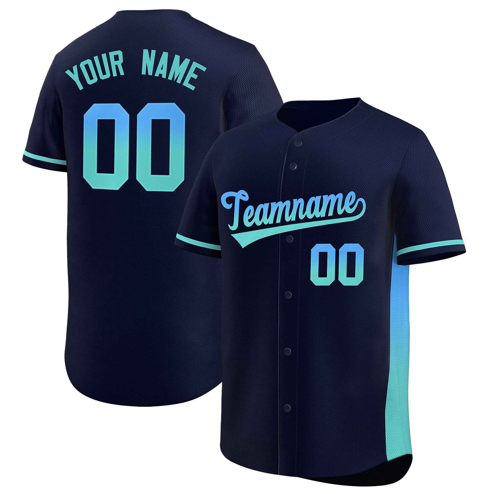 Custom Navy Powder Blue-Lt Green Personalized Gradient Font And Side Design Baseball Jersey Style 1