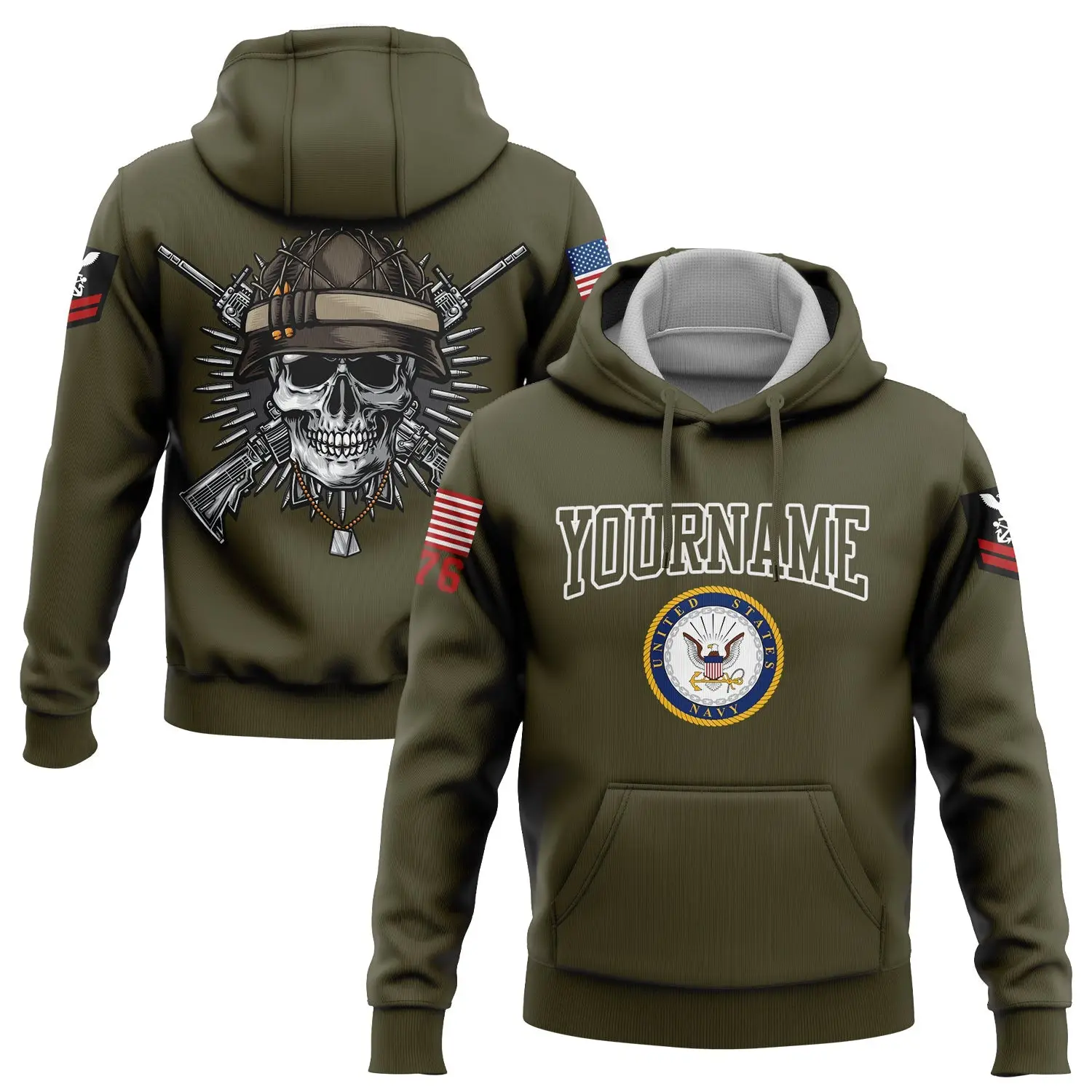 Custom Olive Skull 1776 U.S Navy Military Hoodie Independence Day Apparel Gift For Her