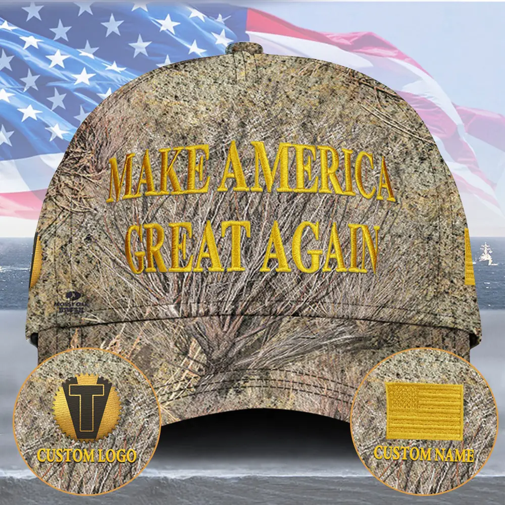 Custom Patriot Triumph Victory Black Dark Gold Hat 45-47 Celebrate America's Win Camo Hat
