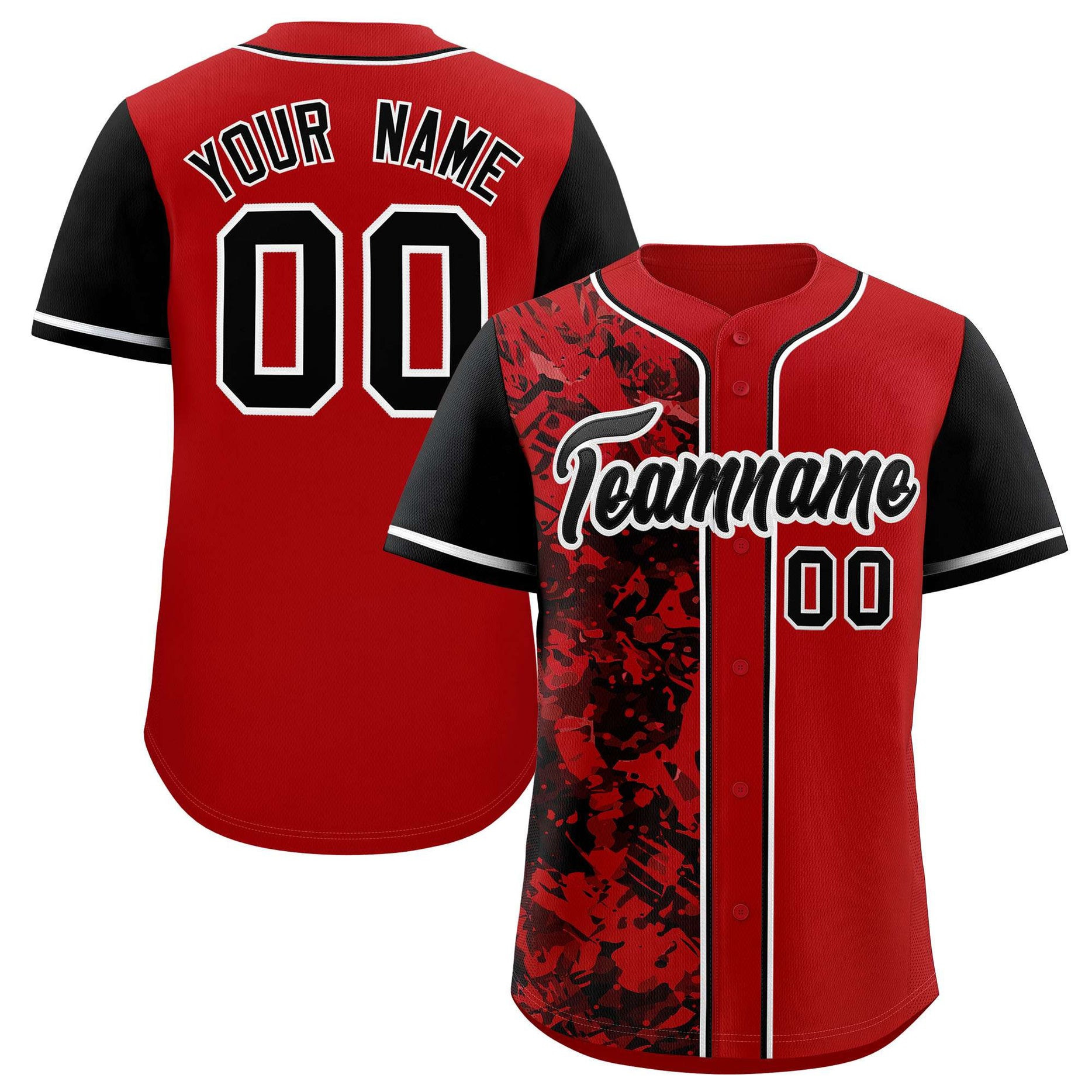Custom Red Black Split Personalized Graffiti Raglan Sleeve Baseball Jersey Style 4