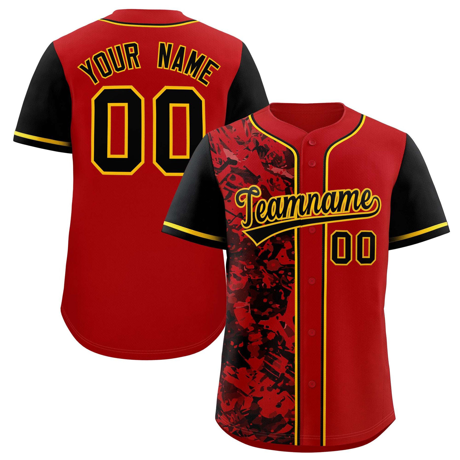 Custom Red Black Yellow Split Personalized Graffiti Raglan Sleeve Baseball Jersey Style 1