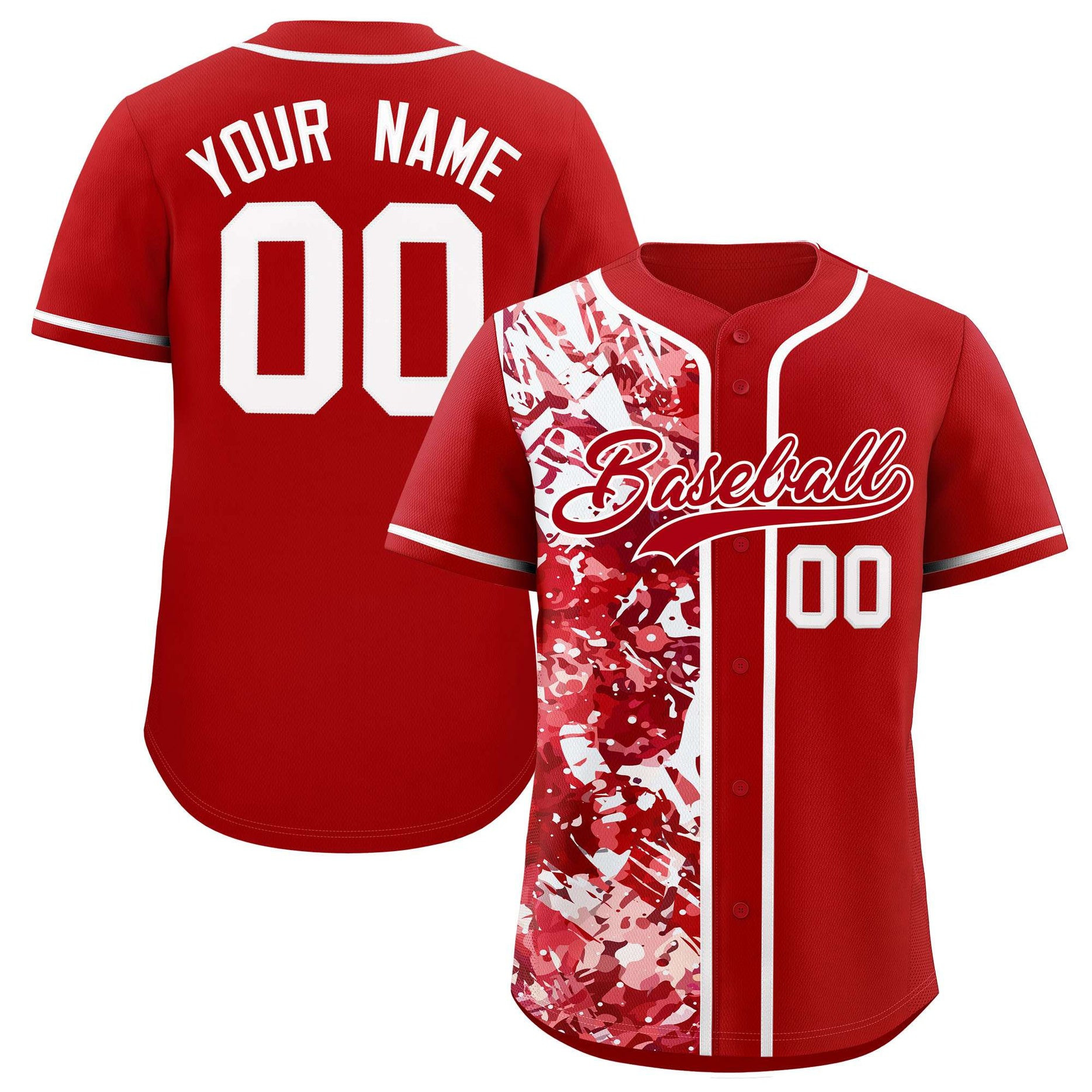 Custom Red White Split Personalized Graffiti Raglan Sleeve Baseball Jersey Style 2
