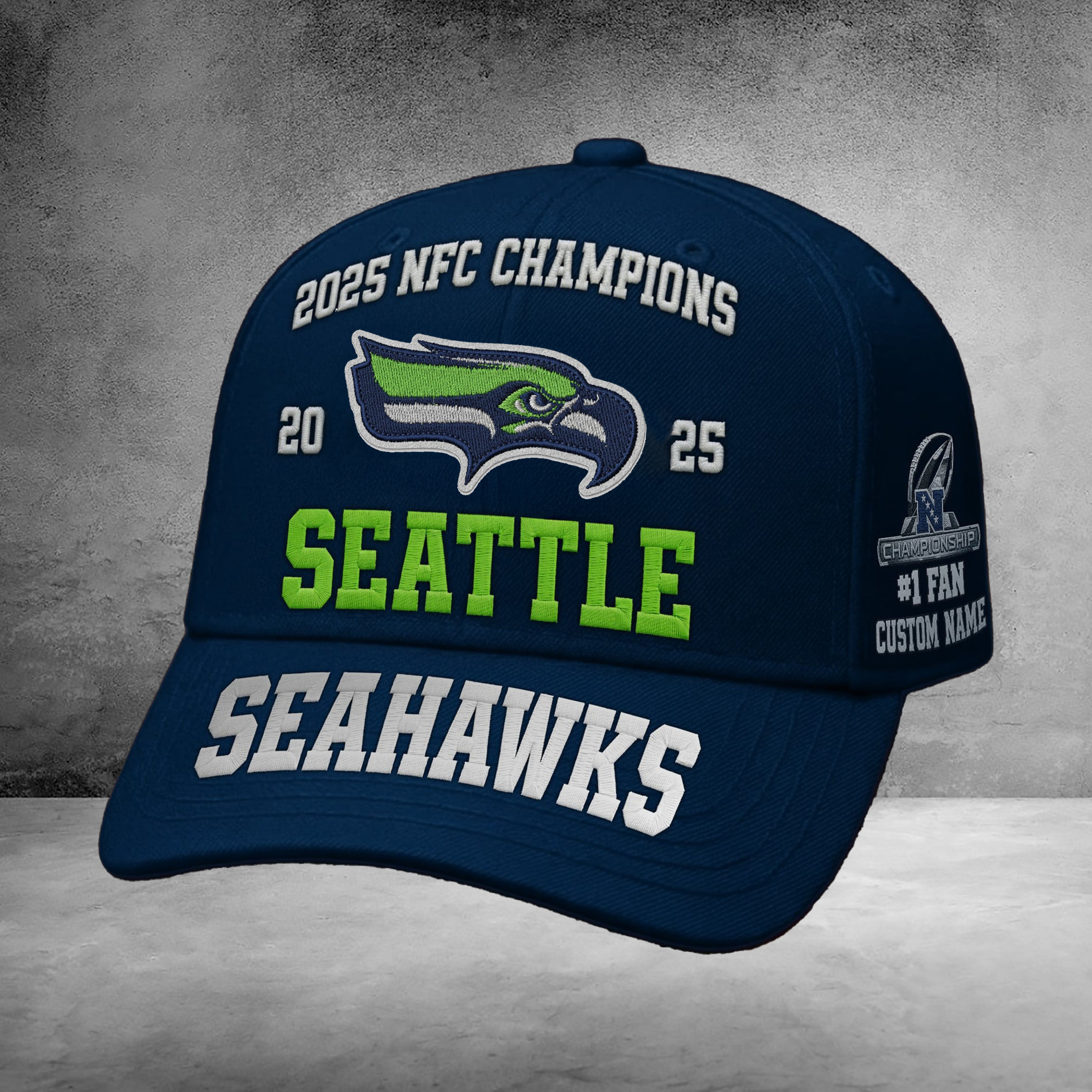Custom Seahawks Champions Hat 2025 NFC Champions Seattle Seahawks Cap Present For Fans