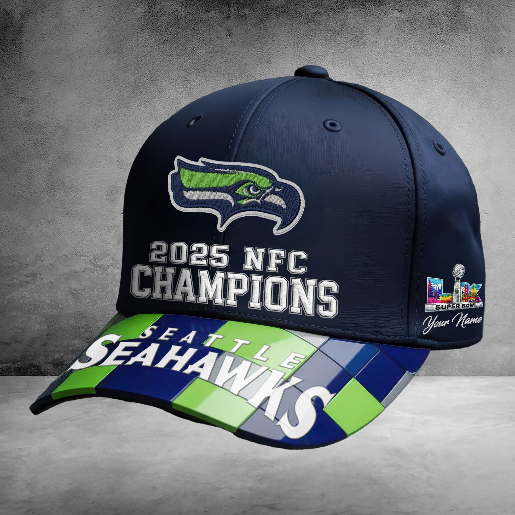 Custom Seahawks Champions Hat Top 2025 NFC Champions Seattle Ball Cap Gift For Fans