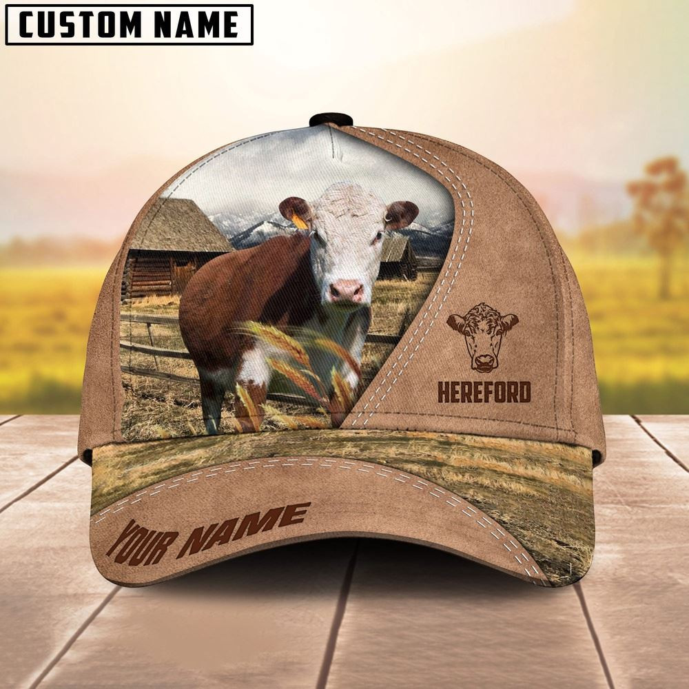 Customized Name Hereford Cattle On Ranch Light Brown Cap Farm Cap Farmer Baseball Cap Gift For Farmer