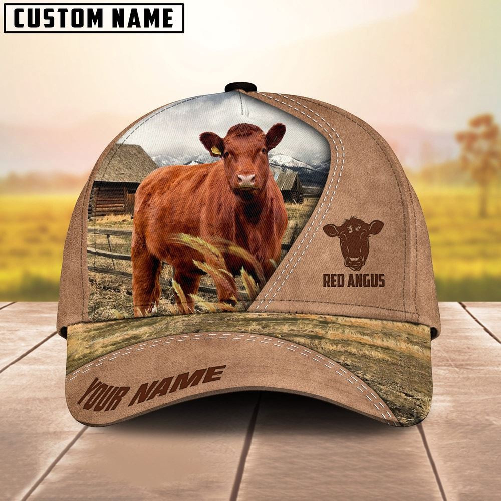 Customized Name Red Angus On Ranch Light Brown Cap Farm Cap Farmer Baseball Cap Gift For Farmer