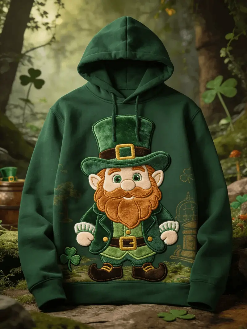 Cute Leprechaun Applique Hoodie St Patrick's Day Dark Green Embroidered Shamrock Irish Outfit