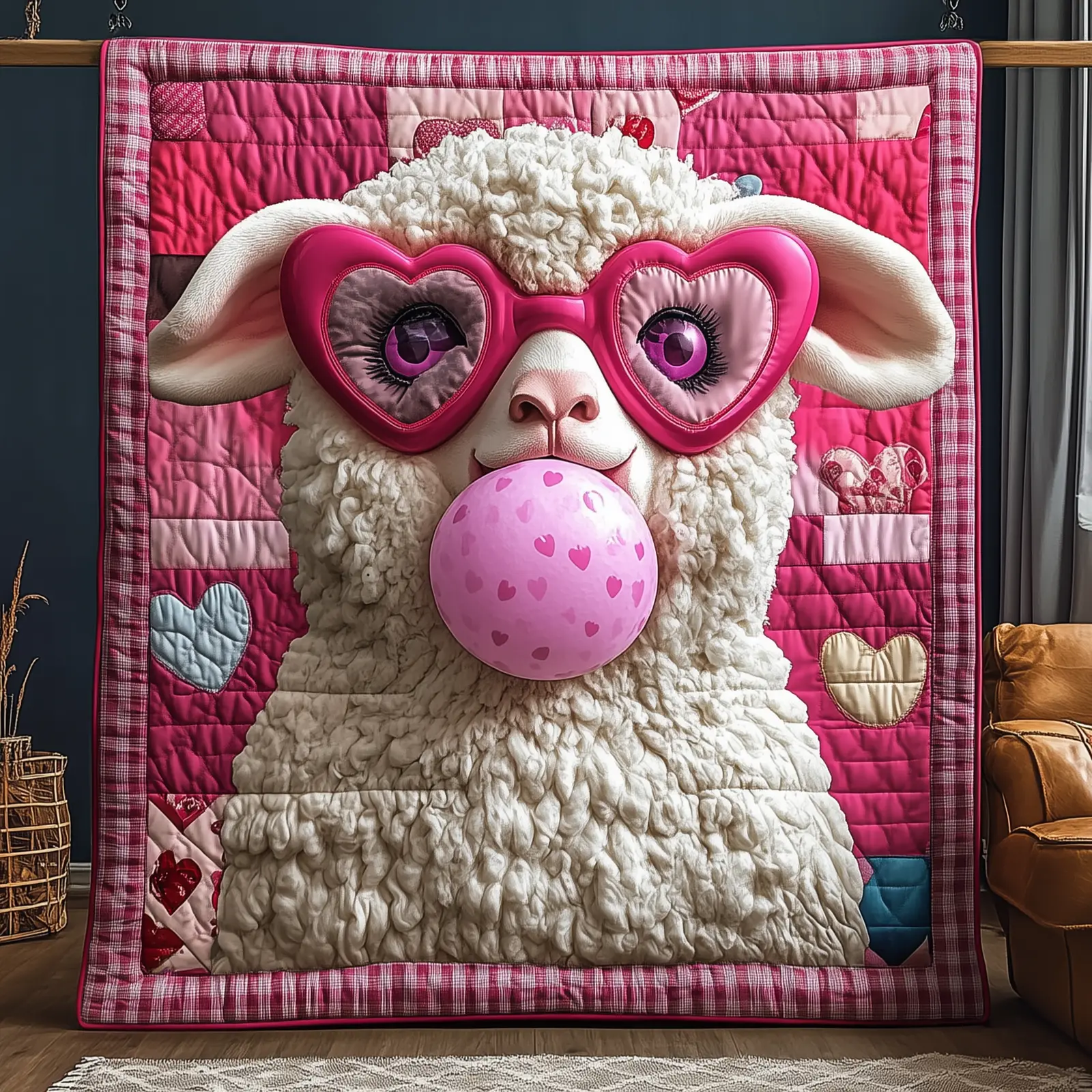 Cute Sheep With Heart Glasses Quilted Blanket Bubble Gum Animal Bedding Cozy Gifts For Girls
