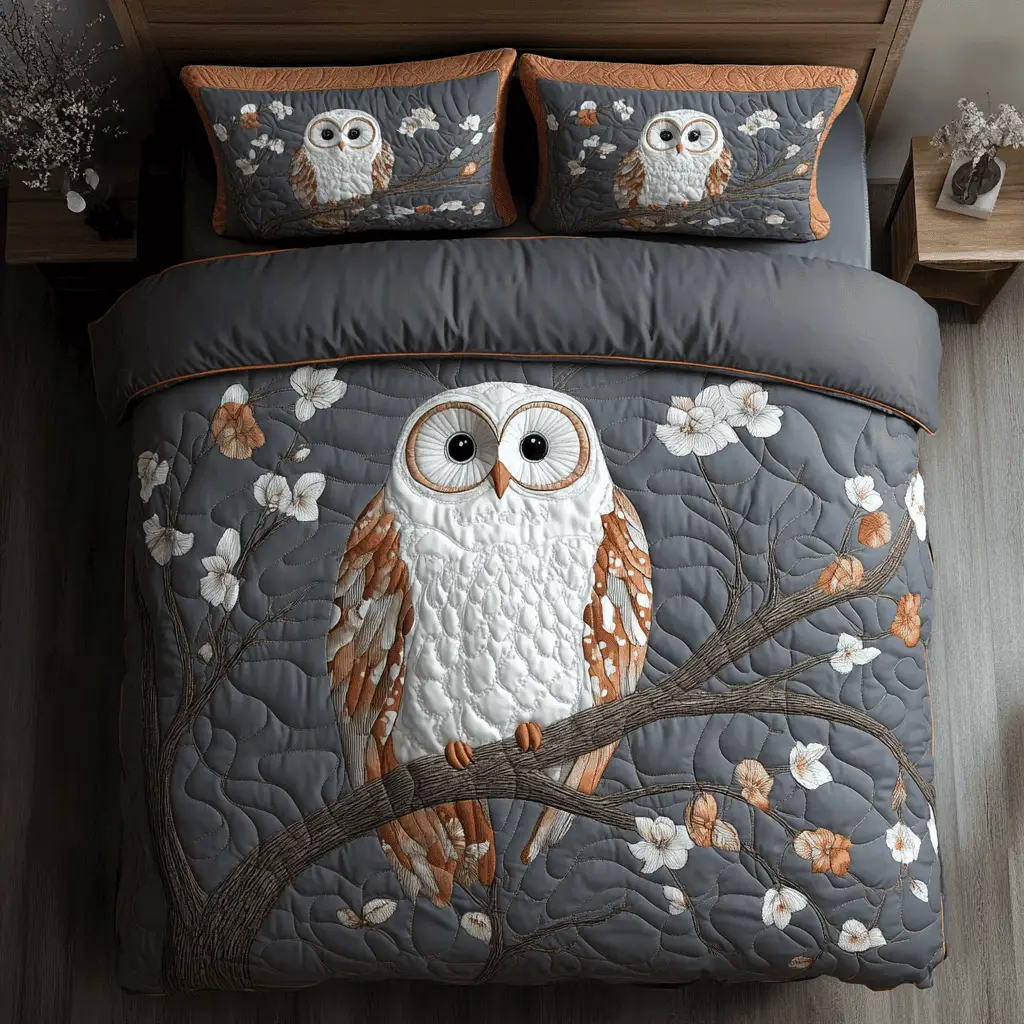 Cute White Owl Quilted Bedding Set Duvet Cover Bedspread Gifts For Son