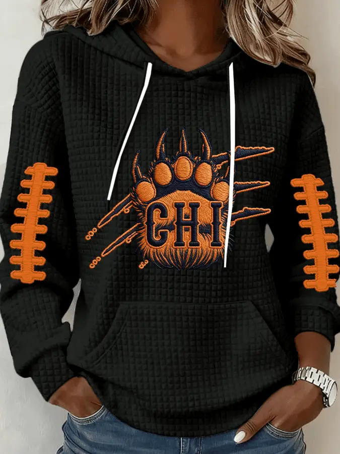 Da Bears Waffle Print Hoodie Chicago Football Women's Hoodie Game Day Apparel Da Bears Waffle Print Hoodie Chicago Football Women's Hoodie Game Day Apparel - Image 1