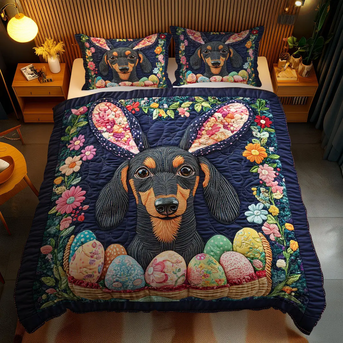 Dachshund Bunny Delight Quilted Bedding Set Autumn Inspired Bedroom Gifts For Dad