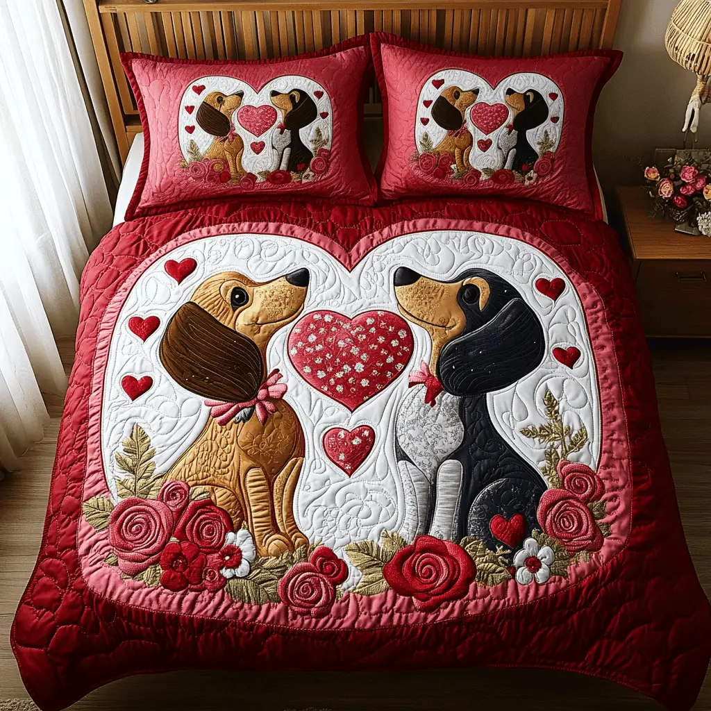 Dachshund Couple Quilted Bedding Set Dog Themed Duvet Cover Good Valentine Day Gift For Him