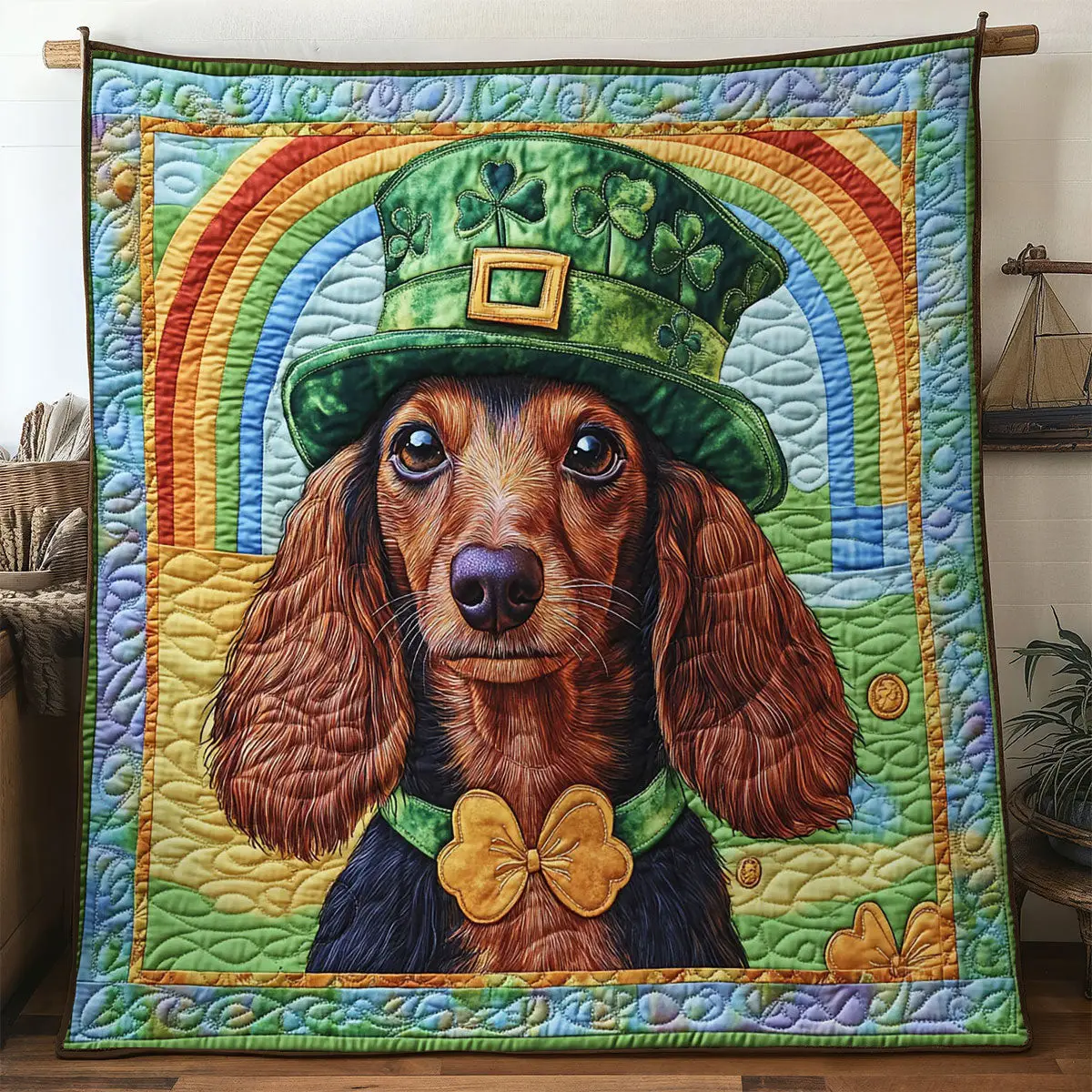 Dachshund Dapper Day Quilted Blanket Animal Themed Happy St Patrick's Day Dog Lover Gifts