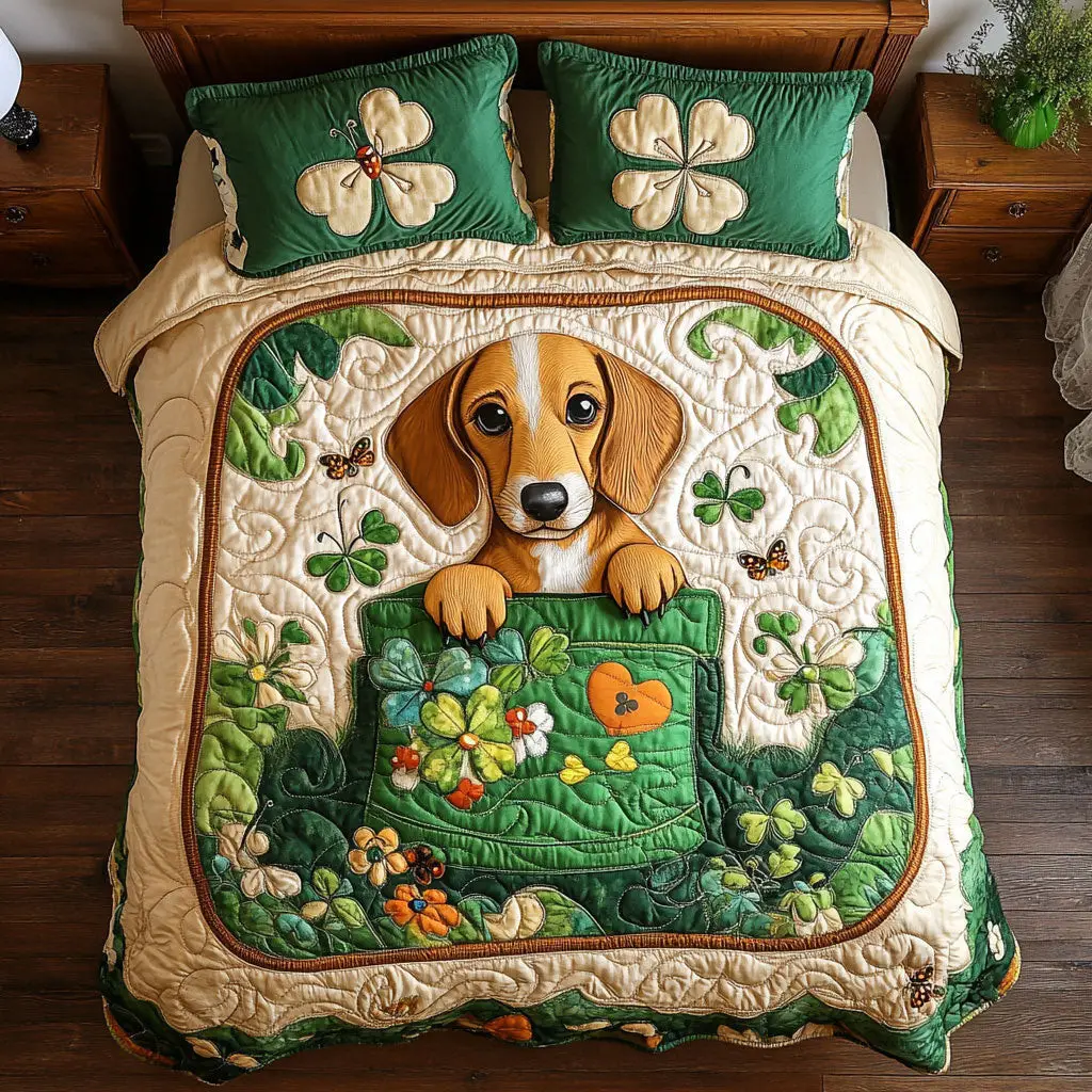 Dachshund In Clover Garden Quilted Bedding Set Cozy House Decor Idea St Patrick's Day Gift Dachshund In Clover Garden Quilted Bedding Set Cozy House Decor Idea St Patrick's Day Gift - Image 1
