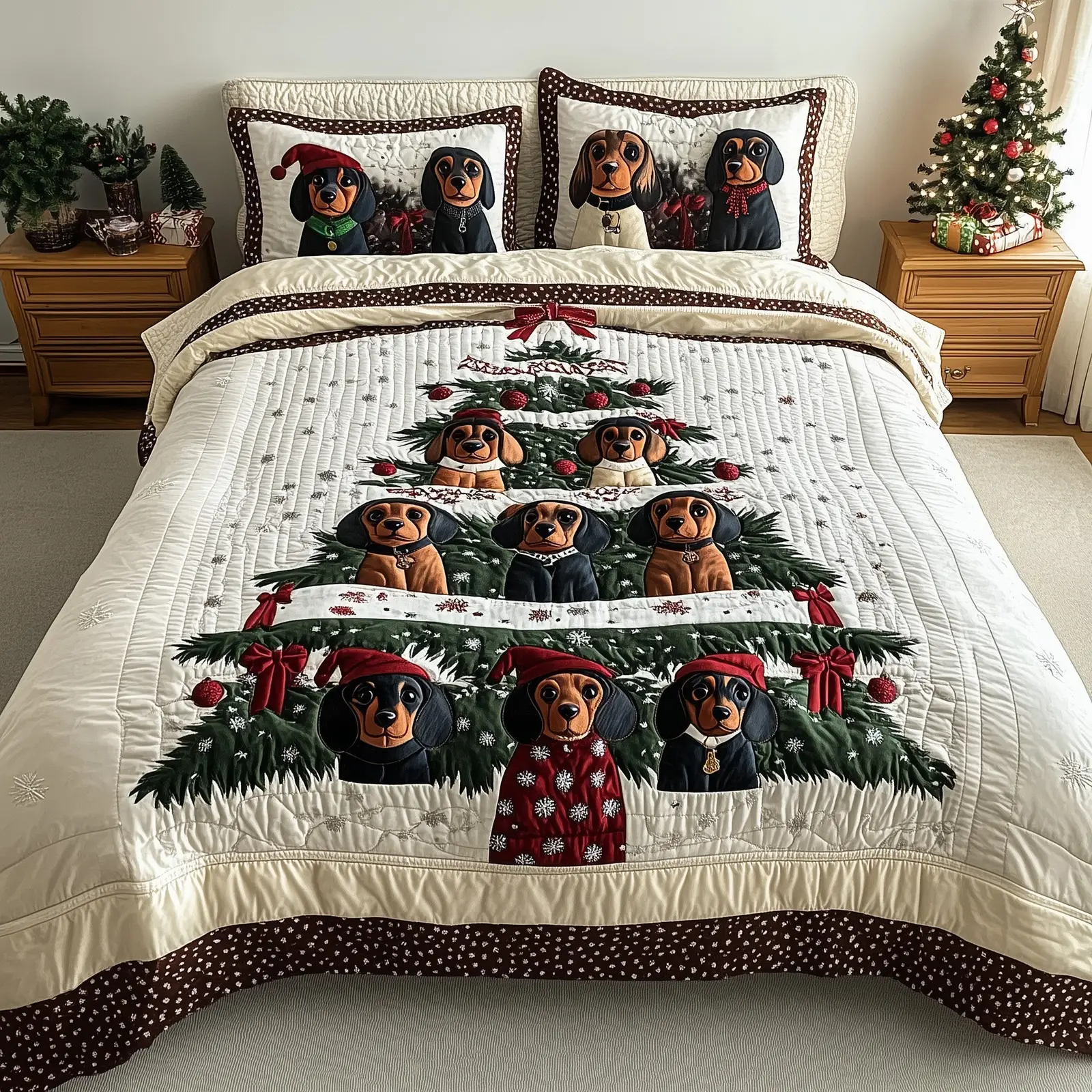 Dachshund Jolly Weiner Christmas Quilted Bedding Set Duvet Cover Bedspread Cute Xmas Presents For Dog Lovers
