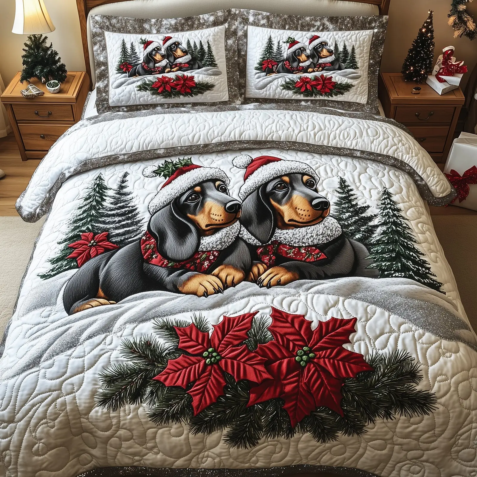Dachshund Jolly Weiner Christmas Quilted Bedding Set Duvet Cover Bedspread Dog Theme Cute Xmas Presents For Lovers