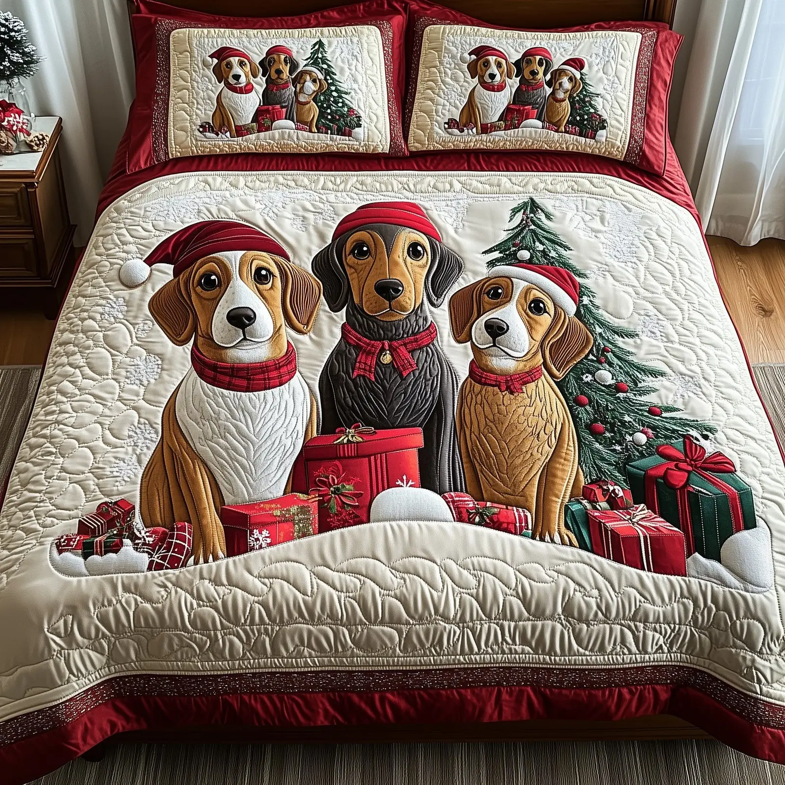 Dachshund Jolly Weiner Christmas Quilted Bedding Set Duvet Cover Bedspread Dog Theme Cute Xmas Presents