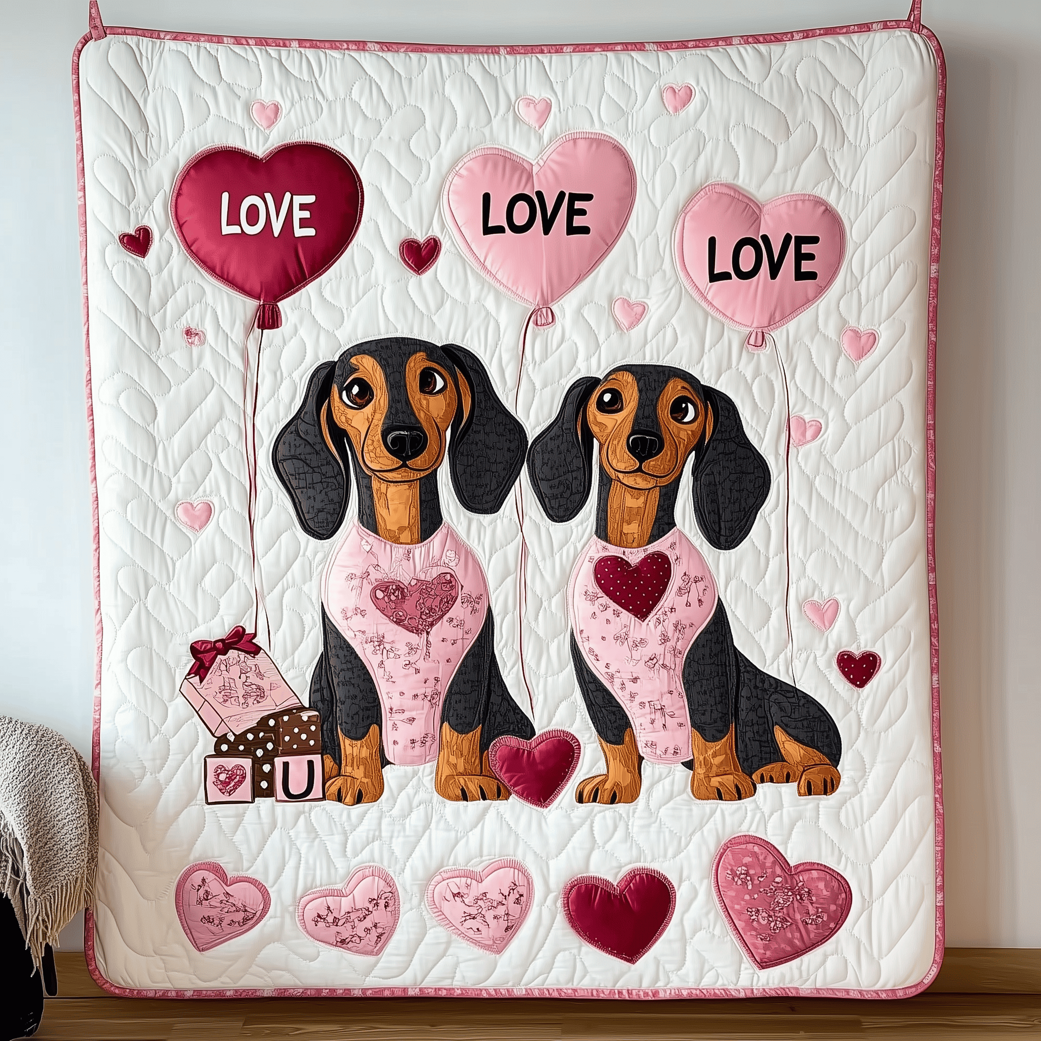 Dachshund Love Couple Quilted Blanket Aesthetic Home Decor Unique Valentine's Day Ideas