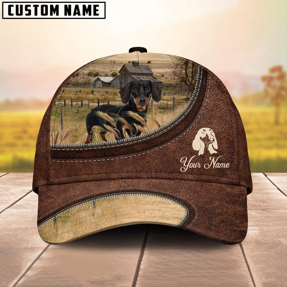 Dachshund On The Farm Customized Name Leather Pattern Cap Farm Cap Farmer Baseball Cap Gift For Farmer
