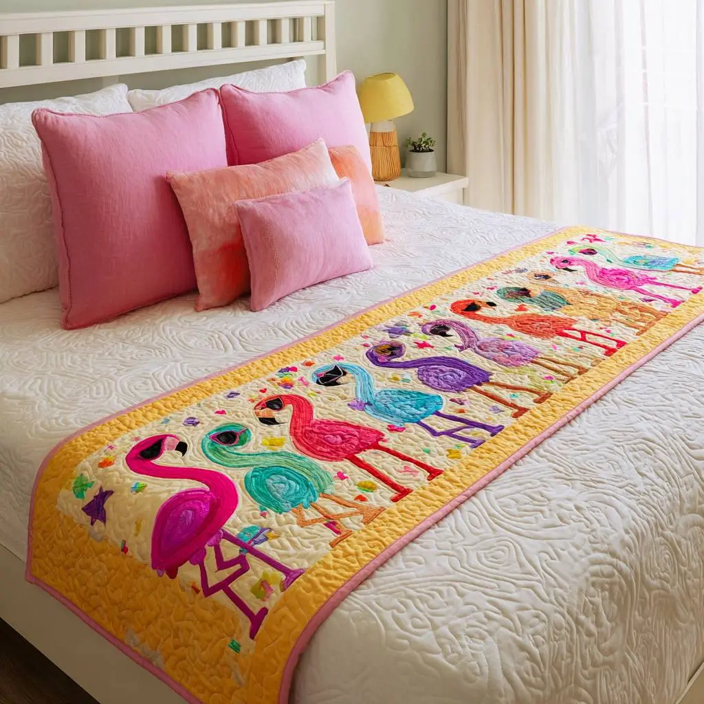 Dance of the Flamingo Quilted Bed Runner Flamingo Dance Tropical Gift