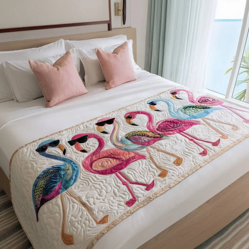 Dance of the Flamingo Quilted Bed Runner Flamingo Lovers Gift for Sister
