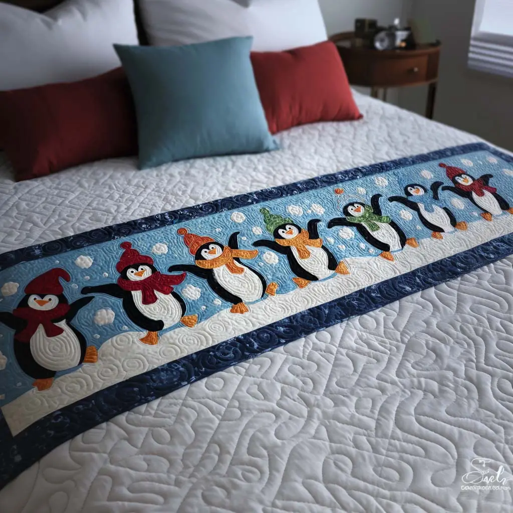 Dancing Penguins Quilted Bed Runner Penguin Dance Winter Gift for Neighbors