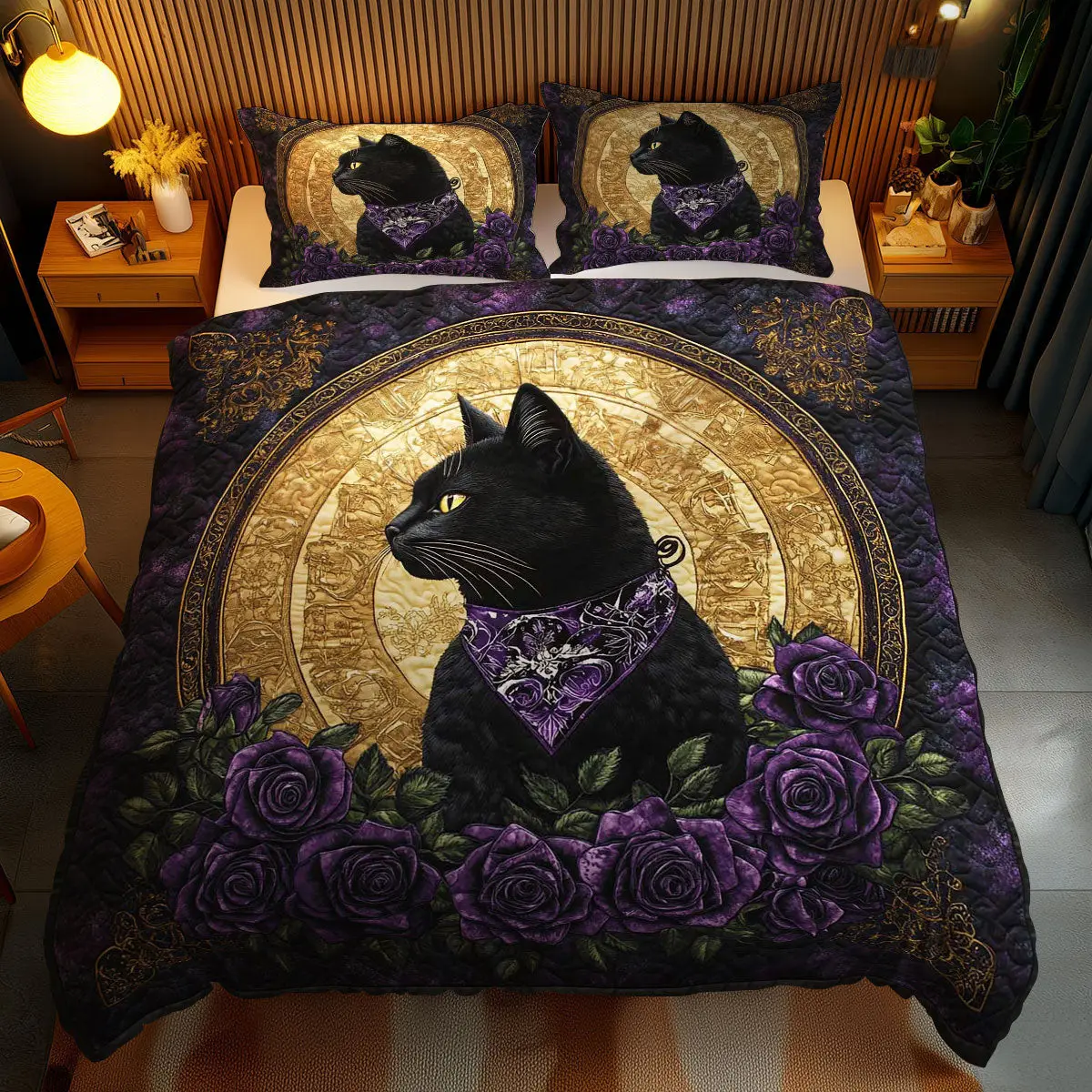 Dark Rose Cat Quilted Bedding Set Duvet Cover Bedspread Gifts For Cat Lovers