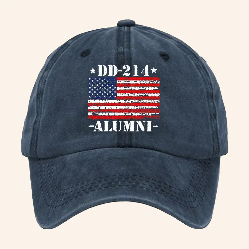 DD-214 Alumni Military Veteran American Flag Patriotic Washed Vintage Cap Funny Graphic Tee for