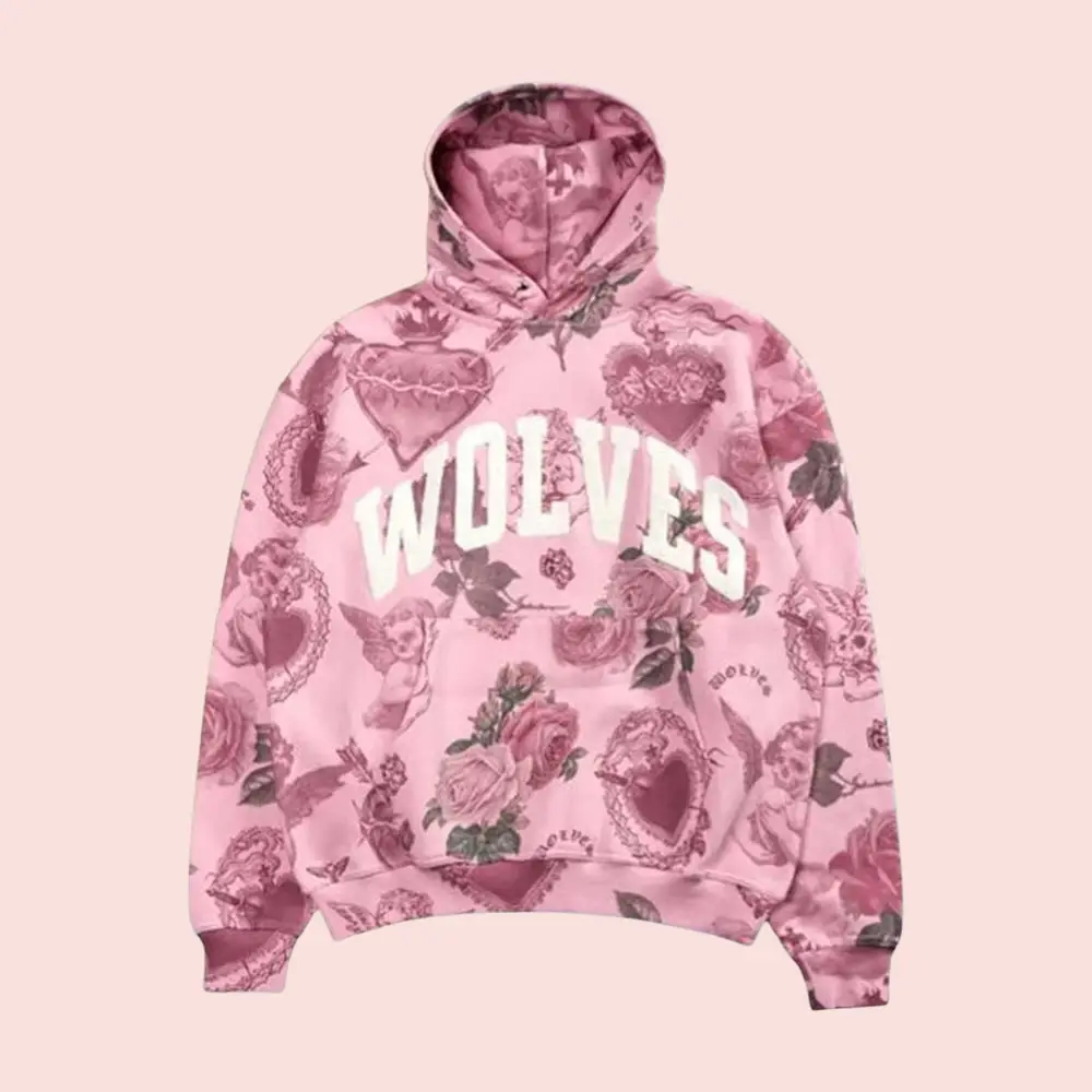 De La Rosa Wolves Hoodie Pink Floral All Over Clothes Nature Animal Apparel Gift For Mom De La Rosa Wolves Hoodie Pink Floral All Over Clothes Nature Animal Apparel Gift For Mom - Image 1