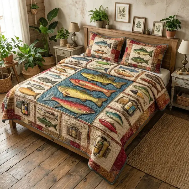 Deep Angler Quilted Bedding Set Fishing Lodge Bedroom Decor Cozy Home Gift For Fishermen Deep Angler Quilted Bedding Set Fishing Lodge Bedroom Decor Cozy Home Gift For Fishermen - Image 1