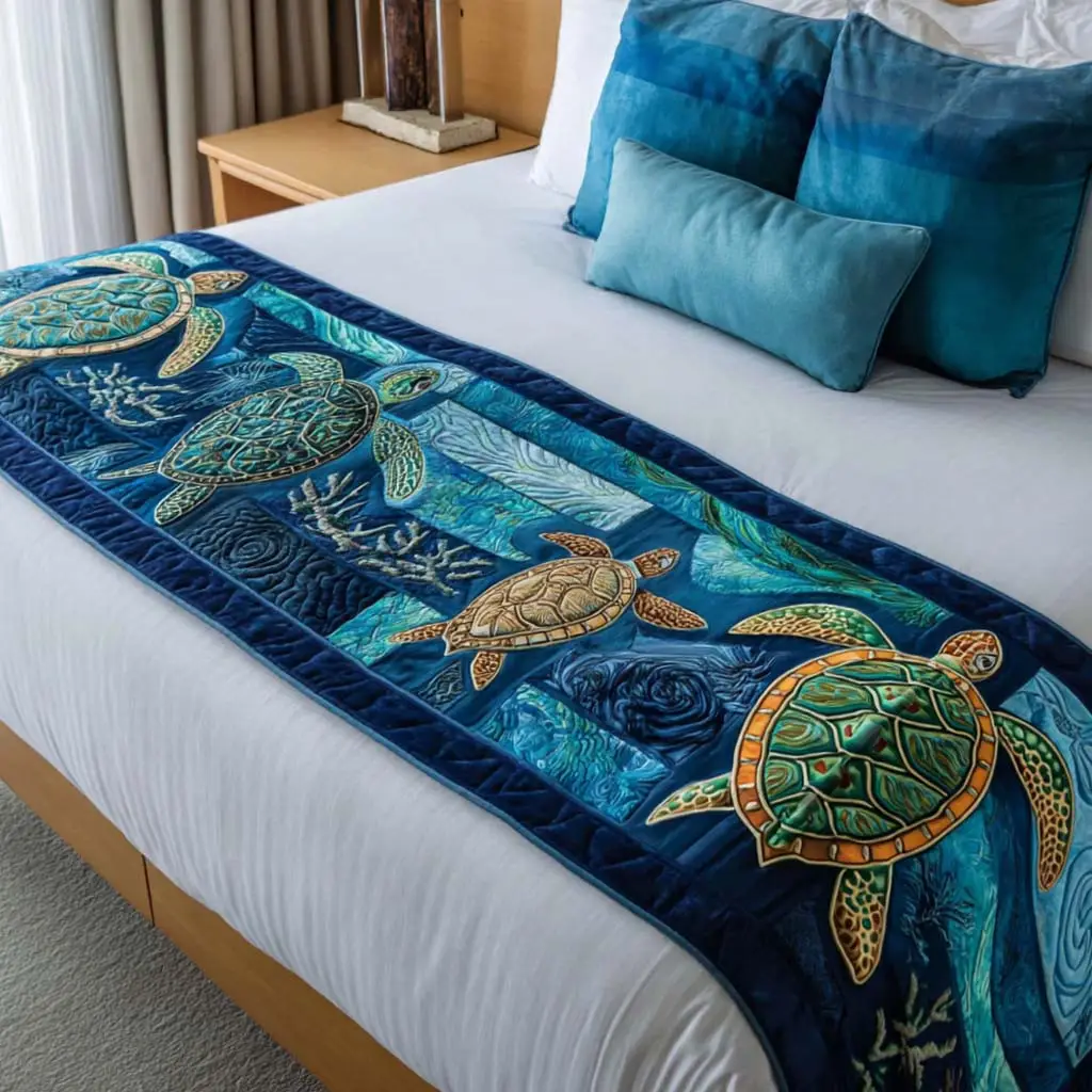 Deep Blue Guardian Quilted Bed Runner Deep Blue Turtle Guardian Ocean Gift