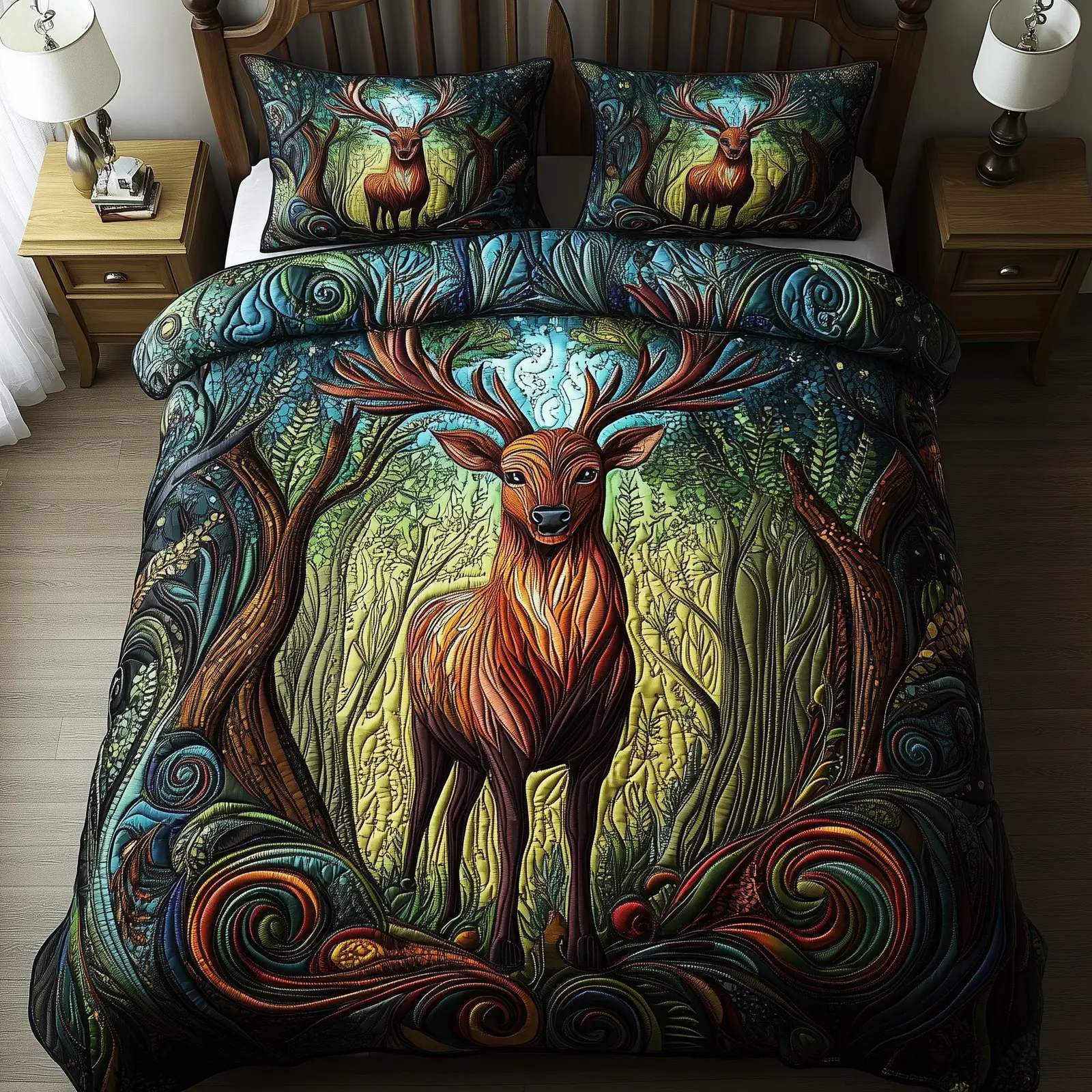 Deer Festive Reindeer Christmas Quilted Bedding Set Duvet Cover Bedspread Deer Gifts
