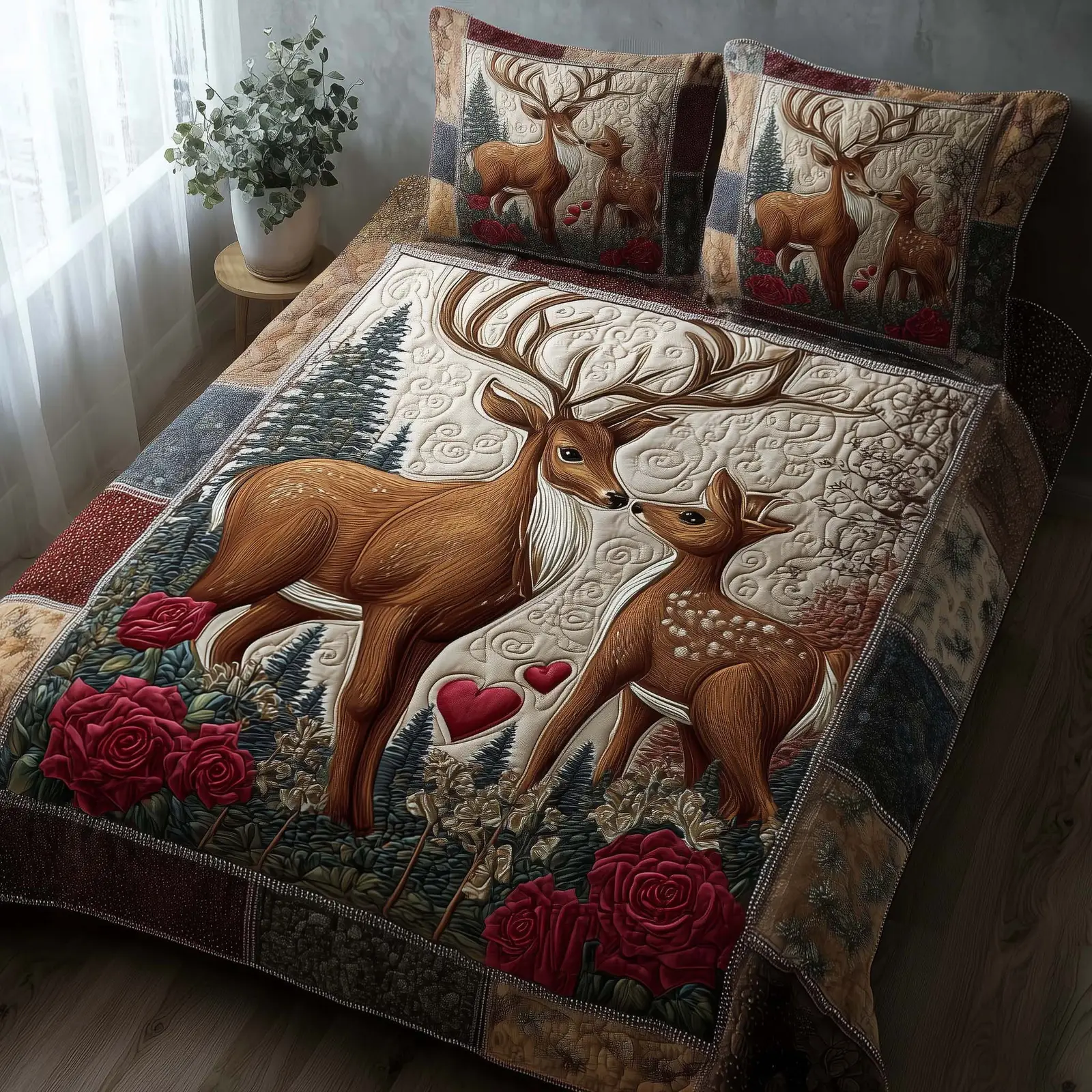 Deer Lovebound Hearts Quilted Bedding Set Deer Lovers Gifts Valentine Day