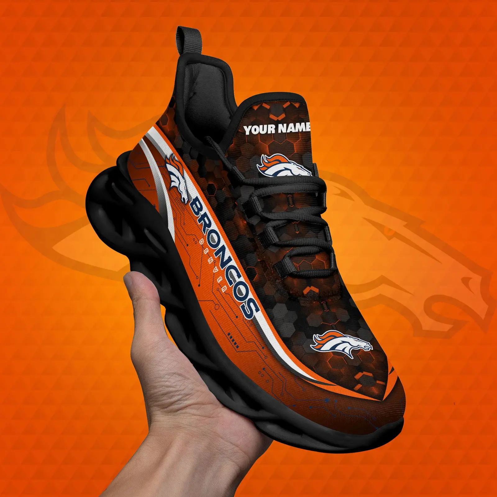 Denver Broncos Black Clunky Sneakers Custom Name, Max Soul Shoes, Sport Gifts